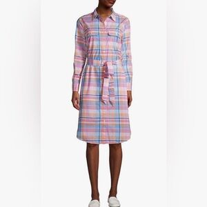 Lands’ End Button Up Plaid Shirt Dress Women’s M Pink Cotton Long Sleeve Pockets
